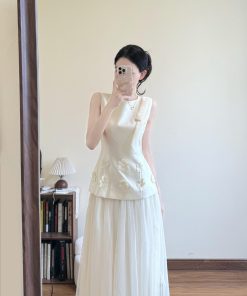 French-Style High-End Sleeveless White Dress for Women with Mesh Splicing and Fairy Long Skirt â€“ Perfect for Summer Events