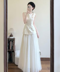 French-Style High-End Sleeveless White Dress for Women with Mesh Splicing and Fairy Long Skirt â€“ Perfect for Summer Events