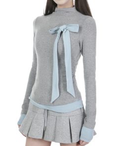 French-Style High-Neck Long Sleeve T-Shirt for Women - Slim Fit Faux Two-Piece Base Layer Top, 2025 Fashion Trend