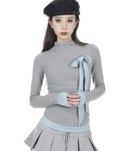 French-Style High-Neck Long Sleeve T-Shirt for Women - Slim Fit Faux Two-Piece Base Layer Top, 2025 Fashion Trend