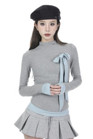 French-Style High-Neck Long Sleeve T-Shirt for Women - Slim Fit Faux Two-Piece Base Layer Top, 2025 Fashion Trend