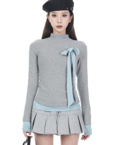 French-Style High-Neck Long Sleeve T-Shirt for Women - Slim Fit Faux Two-Piece Base Layer Top, 2025 Fashion Trend