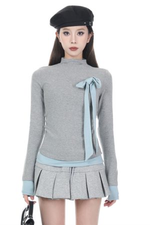 French-Style High-Neck Long Sleeve T-Shirt for Women - Slim Fit Faux Two-Piece Base Layer Top, 2025 Fashion Trend