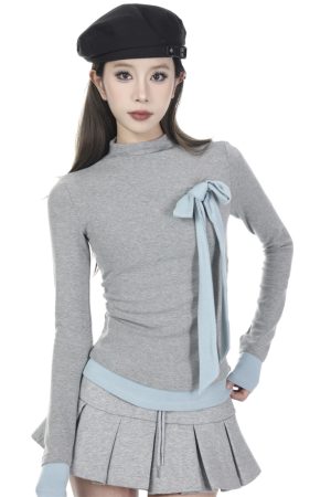 French-Style High-Neck Long Sleeve T-Shirt for Women - Slim Fit Faux Two-Piece Base Layer Top, 2025 Fashion Trend