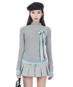 French-Style High-Neck Long Sleeve T-Shirt for Women - Slim Fit Faux Two-Piece Base Layer Top, 2025 Fashion Trend