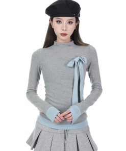French-Style High-Neck Long Sleeve T-Shirt for Women - Slim Fit Faux Two-Piece Base Layer Top, 2025 Fashion Trend