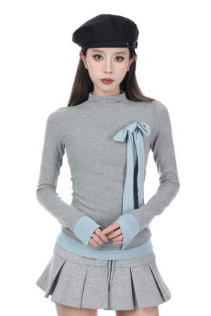 French-Style High-Neck Long Sleeve T-Shirt for Women - Slim Fit Faux Two-Piece Base Layer Top, 2025 Fashion Trend
