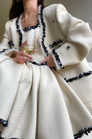 French-Style High Society Heavy Wool Coat and Short Evening Dress Set - Elegant Chic Fashion for Special Occasions