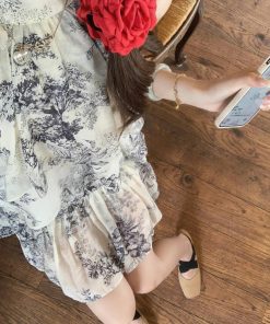 French-Style Ink Print Halter Sleeveless Dress Set for Women - Elegant Two-Piece Summer Outfit with Top and Skirt