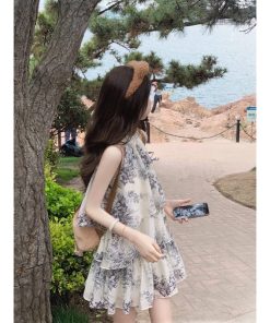 French-Style Ink Print Halter Sleeveless Dress Set for Women - Elegant Two-Piece Summer Outfit with Top and Skirt