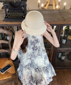 French-Style Ink Print Halter Sleeveless Dress Set for Women - Elegant Two-Piece Summer Outfit with Top and Skirt