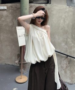French-Style Irregular Off-Shoulder Sleeveless Top for Women - Flowing Strap Vest, Perfect for Summer Fashion