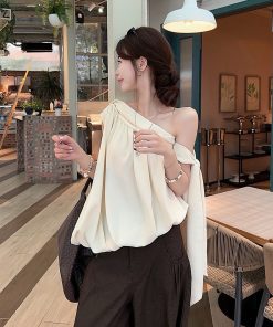 French-Style Irregular Off-Shoulder Sleeveless Top for Women - Flowing Strap Vest, Perfect for Summer Fashion