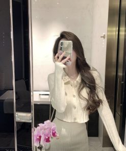 French-Style Knitted Dress Set for Women - Cardigan Top & Short Skirt, Two-Piece Spring Outfit, Elegant & Chic Fashion