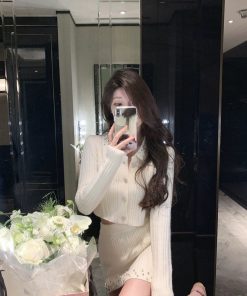 French-Style Knitted Dress Set for Women - Cardigan Top & Short Skirt, Two-Piece Spring Outfit, Elegant & Chic Fashion