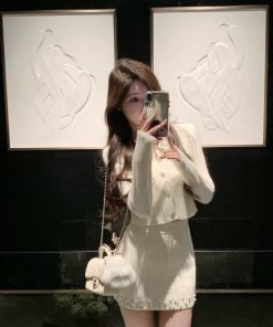 French-Style Knitted Dress Set for Women - Cardigan Top & Short Skirt, Two-Piece Spring Outfit, Elegant & Chic Fashion