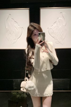 French-Style Knitted Dress Set for Women - Cardigan Top & Short Skirt, Two-Piece Spring Outfit, Elegant & Chic Fashion