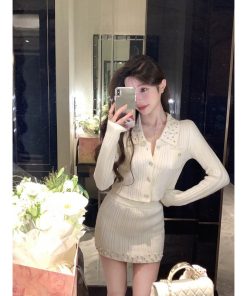 French-Style Knitted Dress Set for Women - Cardigan Top & Short Skirt, Two-Piece Spring Outfit, Elegant & Chic Fashion