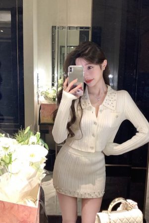 French-Style Knitted Dress Set for Women - Cardigan Top & Short Skirt, Two-Piece Spring Outfit, Elegant & Chic Fashion