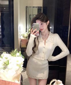 French-Style Knitted Dress Set for Women - Cardigan Top & Short Skirt, Two-Piece Spring Outfit, Elegant & Chic Fashion