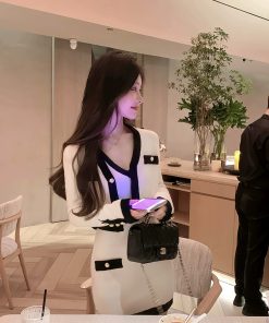 French Style Knitted Dress Set for Women - Waist-Cinching Short Skirt & Cardigan Two-Piece Suit for Autumn & Winter Fashion