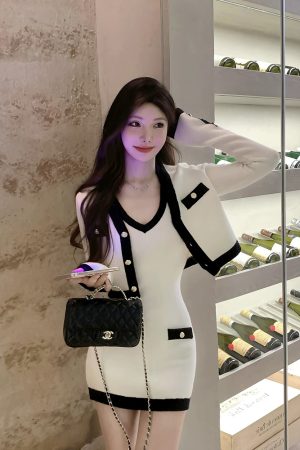 French Style Knitted Dress Set for Women - Waist-Cinching Short Skirt & Cardigan Two-Piece Suit for Autumn & Winter Fashion