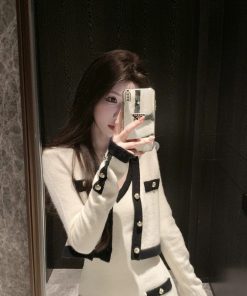 French Style Knitted Dress Set for Women - Waist-Cinching Short Skirt & Cardigan Two-Piece Suit for Autumn & Winter Fashion