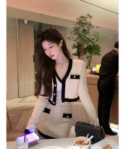 French Style Knitted Dress Set for Women - Waist-Cinching Short Skirt & Cardigan Two-Piece Suit for Autumn & Winter Fashion