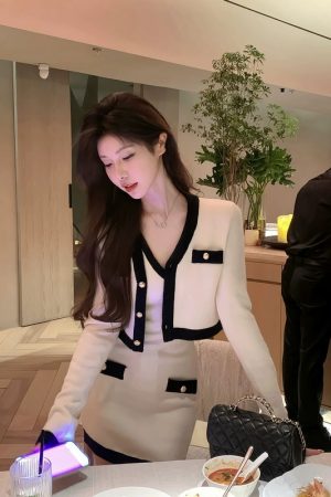 French Style Knitted Dress Set for Women - Waist-Cinching Short Skirt & Cardigan Two-Piece Suit for Autumn & Winter Fashion