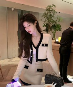 French Style Knitted Dress Set for Women - Waist-Cinching Short Skirt & Cardigan Two-Piece Suit for Autumn & Winter Fashion