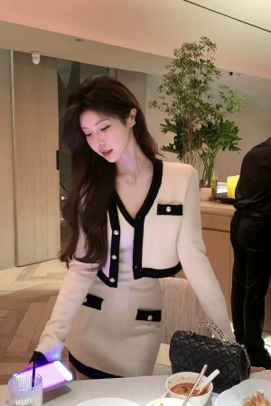 French Style Knitted Dress Set for Women - Waist-Cinching Short Skirt & Cardigan Two-Piece Suit for Autumn & Winter Fashion
