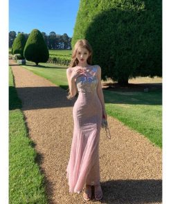 French-Style Lace Mesh Camisole Dress for Women - Fitted Waist, Slim Silhouette, Mermaid Hem, Bodycon Long Skirt - Summer Fashion