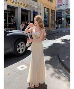 French-Style Lace Mesh Camisole Dress for Women - Fitted Waist, Slim Silhouette, Mermaid Hem, Bodycon Long Skirt - Summer Fashion