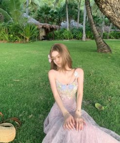 French-Style Lace Mesh Camisole Dress for Women - Fitted Waist, Slim Silhouette, Mermaid Hem, Bodycon Long Skirt - Summer Fashion