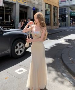 French-Style Lace Mesh Camisole Dress for Women - Fitted Waist, Slim Silhouette, Mermaid Hem, Bodycon Long Skirt - Summer Fashion