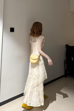 French-Style Lace Spliced Dress for Women - V-Neck Long Dress Perfect for Summer Beach Vacations, Fairy Aesthetic
