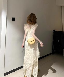 French-Style Lace Spliced Dress for Women - V-Neck Long Dress Perfect for Summer Beach Vacations, Fairy Aesthetic