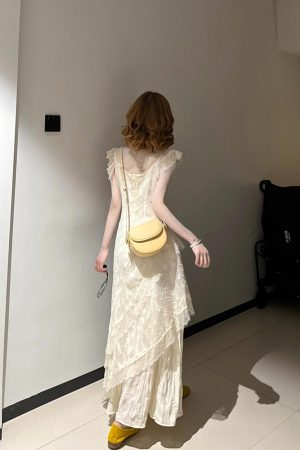 French-Style Lace Spliced Dress for Women - V-Neck Long Dress Perfect for Summer Beach Vacations, Fairy Aesthetic