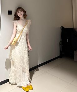 French-Style Lace Spliced Dress for Women - V-Neck Long Dress Perfect for Summer Beach Vacations, Fairy Aesthetic