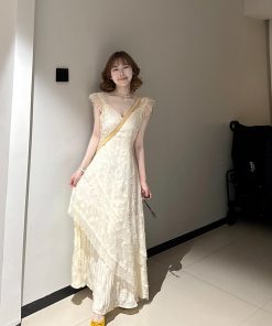 French-Style Lace Spliced Dress for Women - V-Neck Long Dress Perfect for Summer Beach Vacations, Fairy Aesthetic