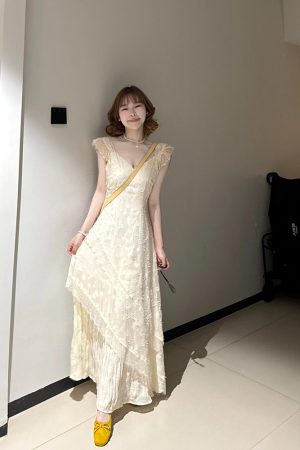 French-Style Lace Spliced Dress for Women - V-Neck Long Dress Perfect for Summer Beach Vacations, Fairy Aesthetic