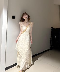 French-Style Lace Spliced Dress for Women - V-Neck Long Dress Perfect for Summer Beach Vacations, Fairy Aesthetic