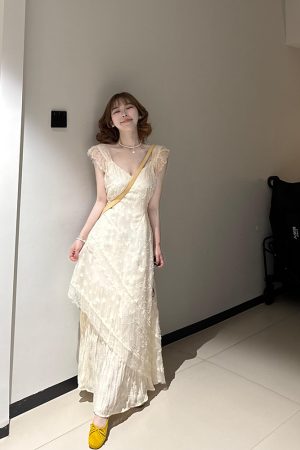 French-Style Lace Spliced Dress for Women - V-Neck Long Dress Perfect for Summer Beach Vacations, Fairy Aesthetic