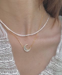 French Style Light Luxury Deep Sea Natural White Mother-of-Pearl Moon Necklace for Women, S925 Silver Clavicle Chain, Influencer Favorite