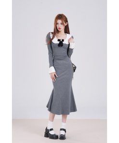 French-Style Long Sleeve Gray Doll Collar Bodycon Dress for Women - Slim Fit Elegant Design for Early Spring Fashion