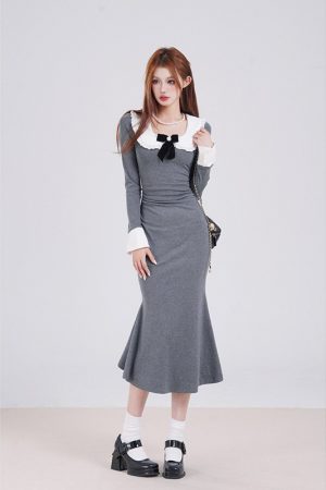 French-Style Long Sleeve Gray Doll Collar Bodycon Dress for Women - Slim Fit Elegant Design for Early Spring Fashion