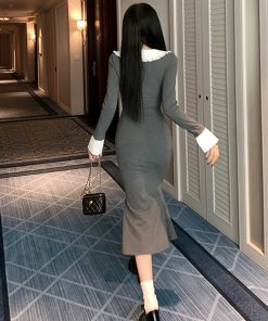 French-Style Long Sleeve Gray Doll Collar Bodycon Dress for Women - Slim Fit Elegant Design for Early Spring Fashion