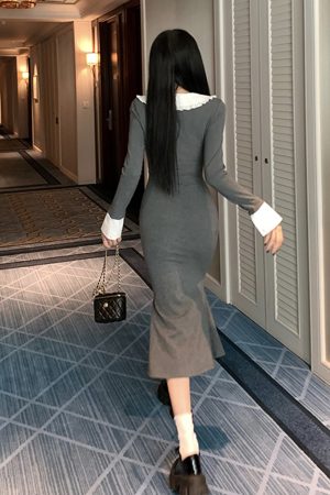 French-Style Long Sleeve Gray Doll Collar Bodycon Dress for Women - Slim Fit Elegant Design for Early Spring Fashion