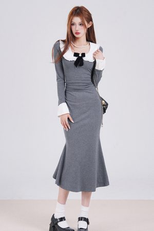 French-Style Long Sleeve Gray Doll Collar Bodycon Dress for Women - Slim Fit Elegant Design for Early Spring Fashion
