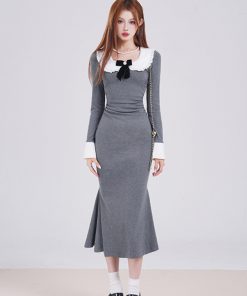 French-Style Long Sleeve Gray Doll Collar Bodycon Dress for Women - Slim Fit Elegant Design for Early Spring Fashion